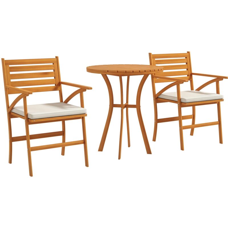 Ensemble bistro de jardin 2 places 3 pièces coussins déhoussables bois de pin verni