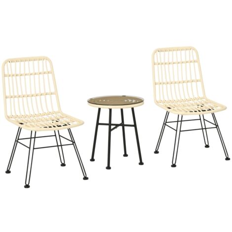 Ensemble bistro de jardin 3 pièces 2 chaises + table basse ronde verre trempé 2 coussins zippés déhoussables polyester résine tressée PE métal galvanisé Ø 45 x 50 cm crème