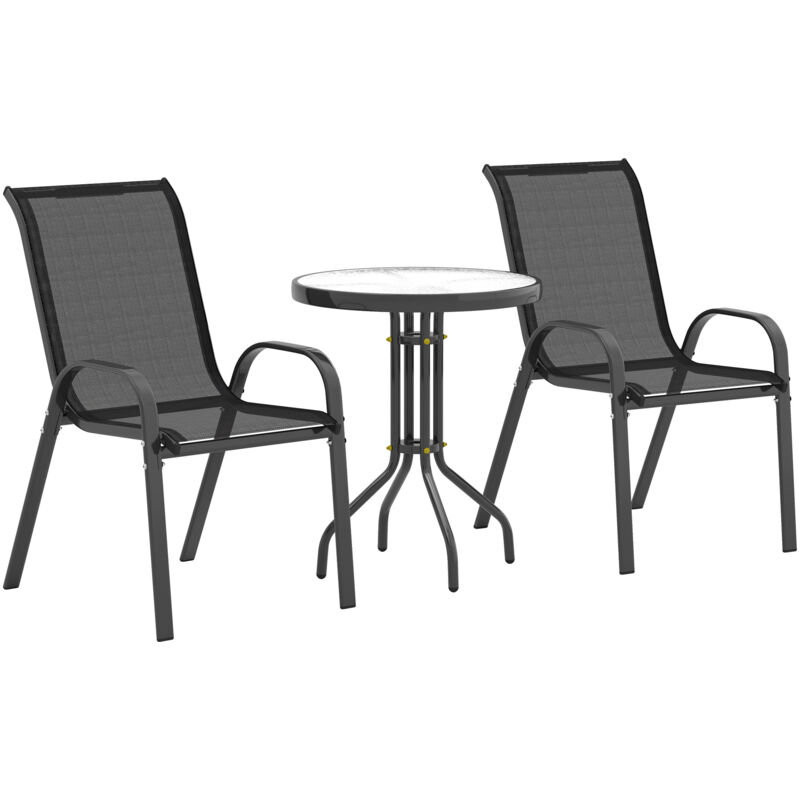 Ensemble bistro de jardin 3 pièces - 2 chaises, table ronde plateau verre - acier textilène noir