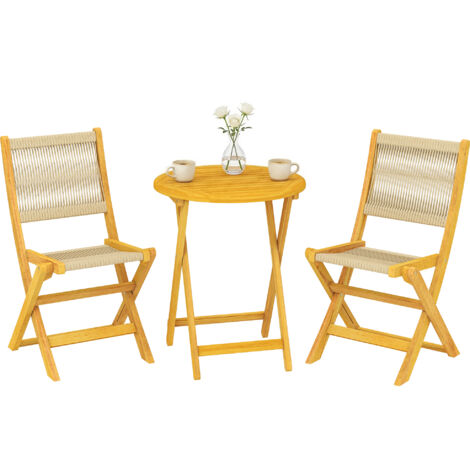 Ensemble bistro de jardin bohème 3 pièces : table ronde et 2 chaises pliantes, bois d’acacia et corde en polypropylène naturel