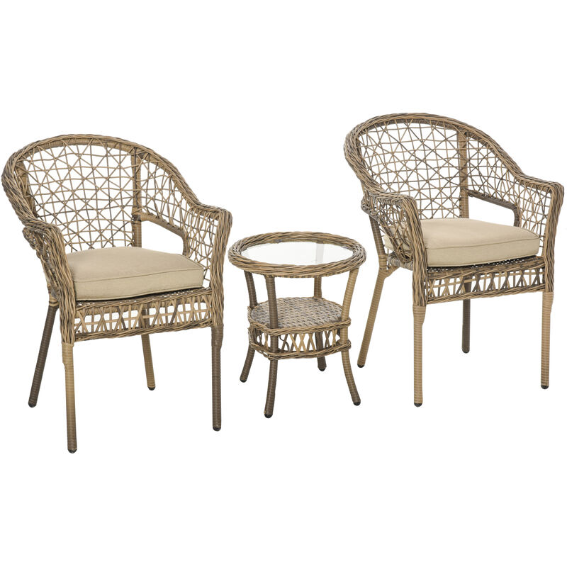 Outsunny - Ensemble bistro de jardin style bohème chic 2 fauteuils avec coussins + table basse résine tressée beige