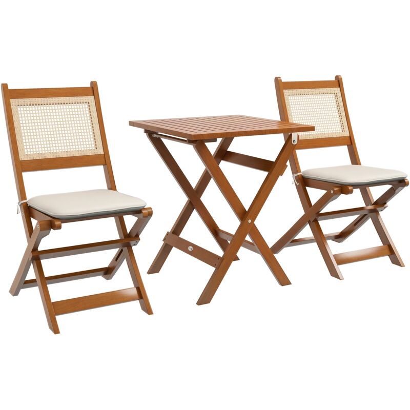 Outsunny - Ensemble bistro de jardin style exotique 2 places 3 pcs pliables bois acacia résine aspect rotin coussins blanc inclus