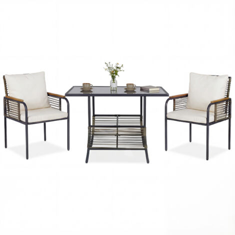 Ensemble Bistro de Terrasse en Rotin 3 pièces, Salon de Repas avec Coussins, Table Rectangulaire et Chaises en Rotin pour Balcon, Véranda, Beige