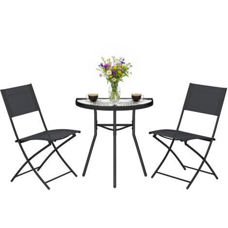 Ensemble Bistro d'Extérieur, Mobilier de Patio 3 Pièces avec Chaises Pliantes, Table en Verre Semi-Circulaire, Noir
