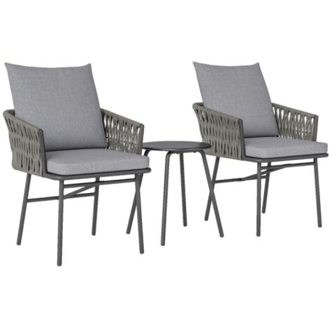 Ensemble bistro en rotin 3 pièces, salon de jardin avec 2 chaises, table basse, coussins amovibles, mobilier de balcon ou terrasse, acier, gris