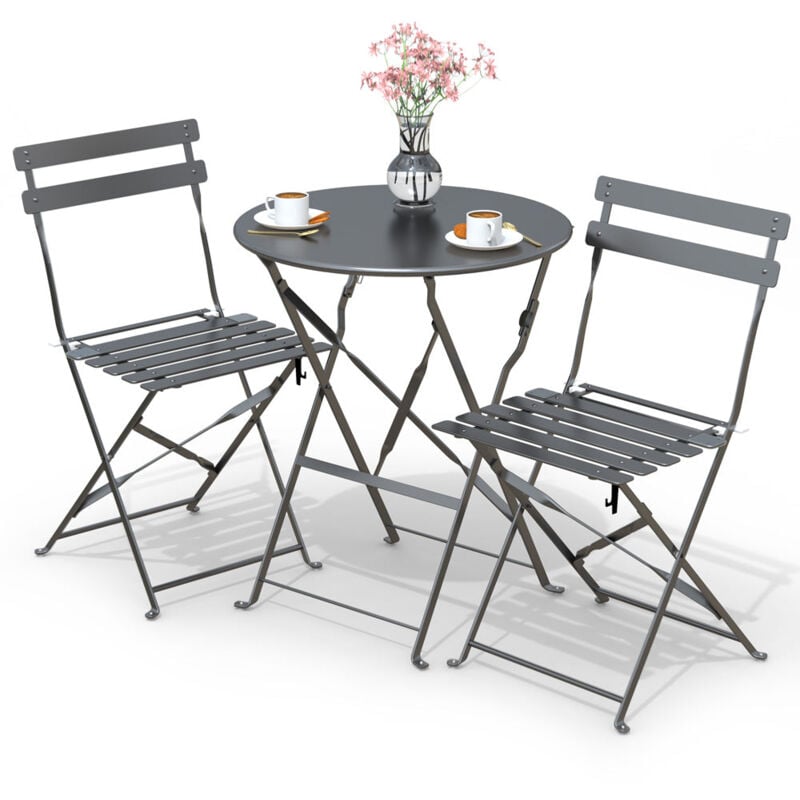 Vounot - Ensemble bistro extérieur 1 table 2 chaises acier gris