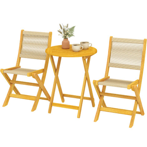Ensemble Bistro Jardin 3 Pièces Table Ronde & 2 Chaises Pliables Boho Bois Acacia Corde PP Naturel