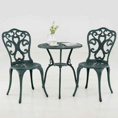 Ensemble Bistro Patio 3 Pièces, Chaises et Table en Fonte d’Aluminium, Résistant aux Intempéries avec Trou de Parasol, Vert