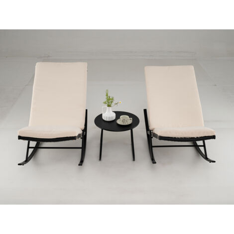 Ensemble Bistrot à Bascule de 3 Pièces, Chaises en Rotin PE avec Table Basse en Métal & Coussins Épais, pour Balcon, Jardin & Bord de Piscine