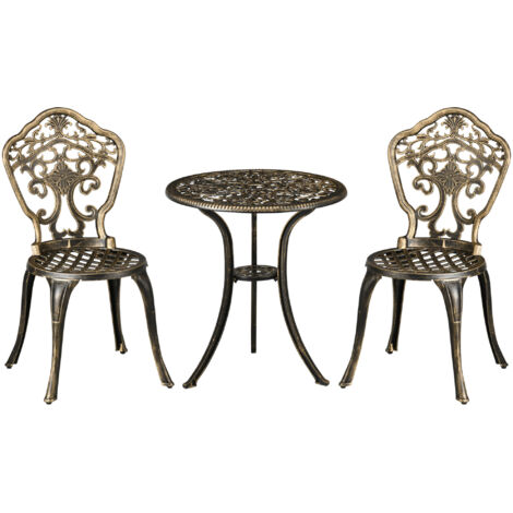 Ensemble bistrot aluminium 3 pièces, 2 chaises + table ronde imitation fer forgé. Version Da.