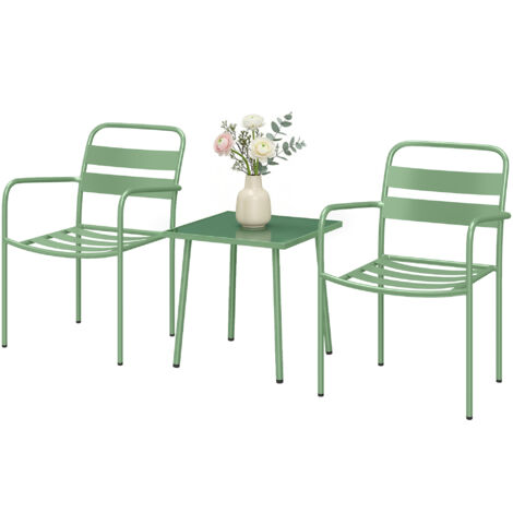 Ensemble bistrot de jardin 3 pièces - table basse en verre trempé et 2 chaises à lattes, cadre en acier galvanisé, vert