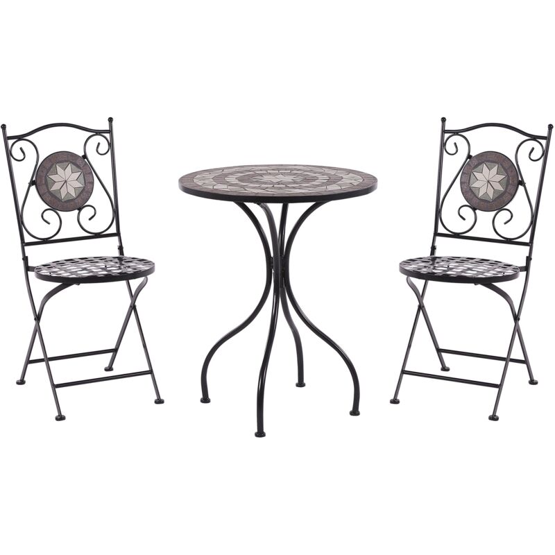 Set de Jardin Bistrot en Métal Noir Table et 2 Chaises Motif en Etoile Mosaïque Noir Cariati