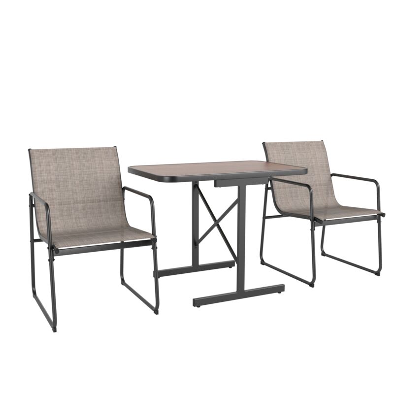 Costway - Ensemble Bistrot de Patio 3 Pièces, avec Table à Manger Rectangulaire et 2 Fauteuils en Tissu, pour Cour, Jardin, Balcon, Marron