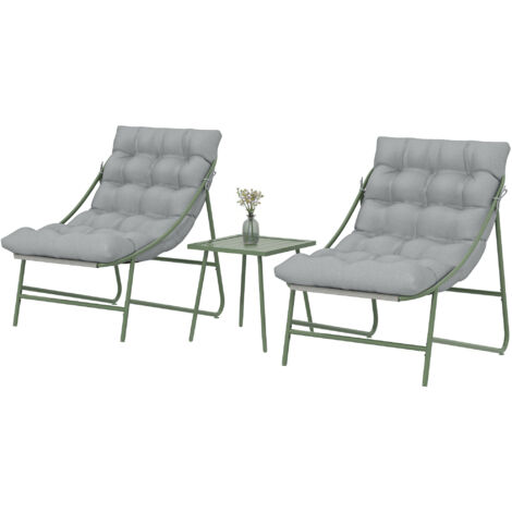 Ensemble bistrot jardin 3 pièces, salon extérieur avec 2 fauteuils, table basse et coussins, gris clair
