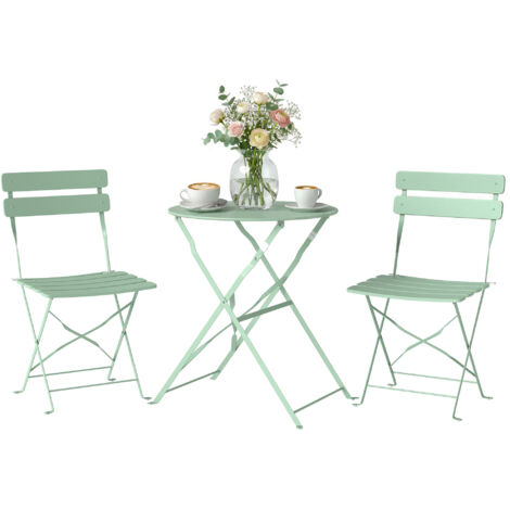 Ensemble Bistrot Jardin 3 pièces table ronde pliante + 2 chaises lattes, double protection antirouille, vert élégant, mobilier extérieur compact pour balcon terrasse.