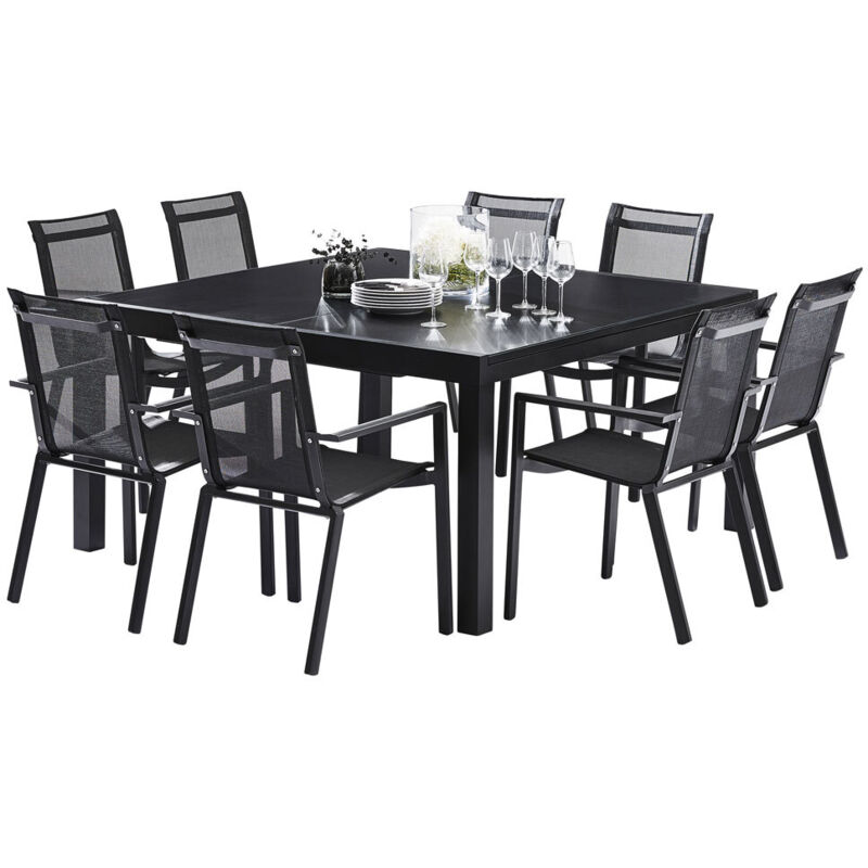 Wilsa Garden - Salon de jardin en aluminium et verre Black star Table et 8 fauteuils