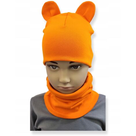Ensemble bonnet + écharpe enfant avec cache-oreilles, taille 52-56, orange
