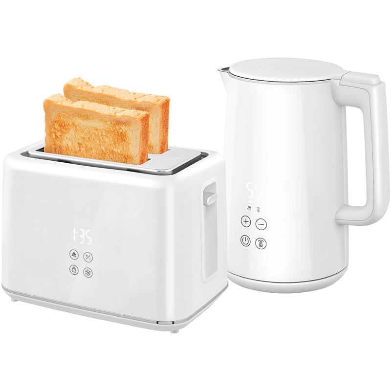 Homcom - Ensemble bouilloire 1,5L et grille-pain 2200W 2 tranches 7 niveaux de brunissage plateau à miettes blanc gris