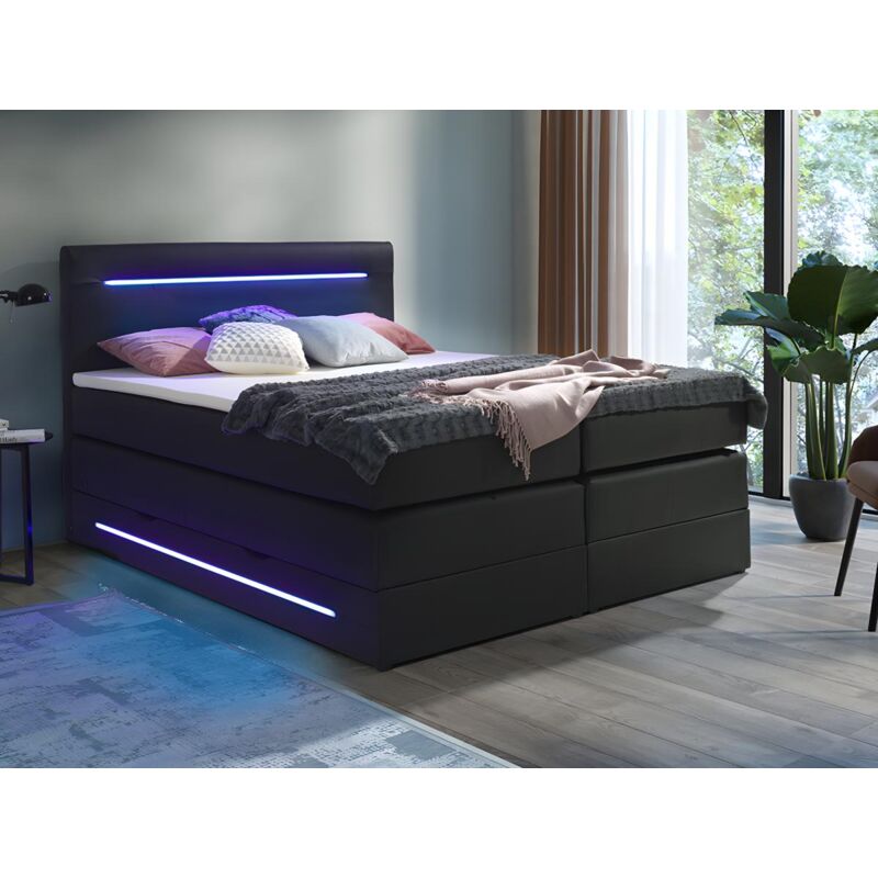 Vente-unique - Ensemble complet boxspring tête de lit avec leds + sommiers coffre + matelas + surmatelas - 160 x 200 cm - Simili - Noir - keros de