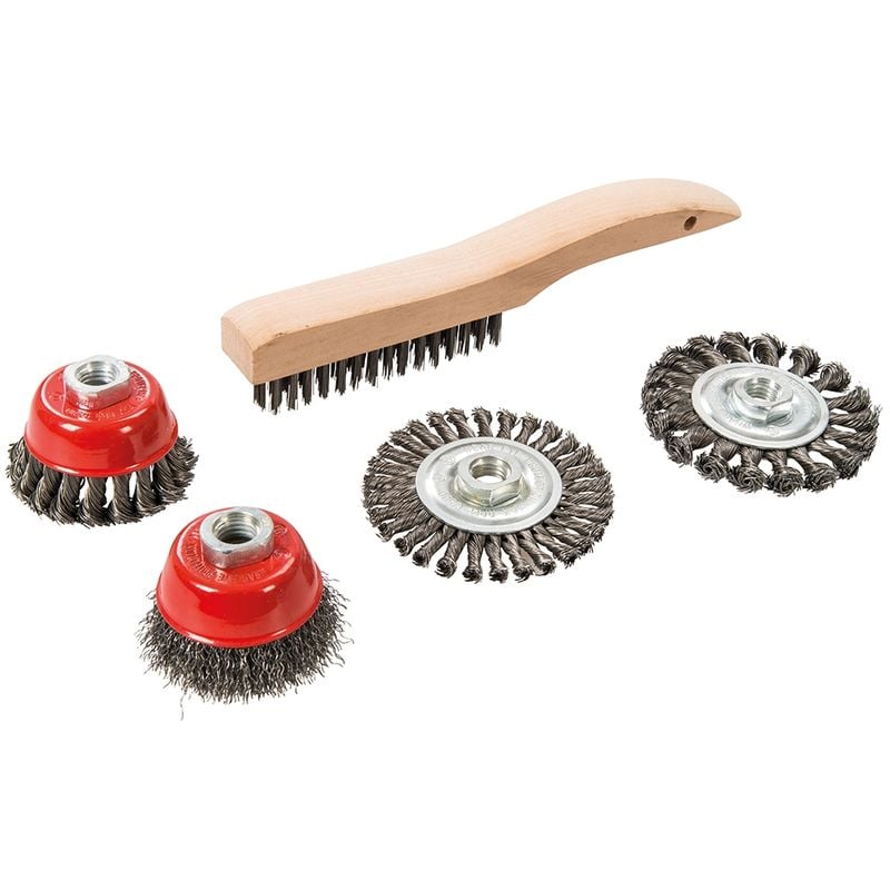 Ensemble brosse métallique, boisseau et roue à fils torsadés, 5 pcs Silverline 589548