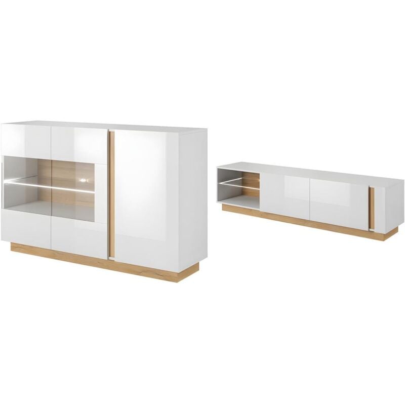 Vente-unique - Ensemble buffet et meuble tv blanc brillant et naturel - Séjour lumineux murari