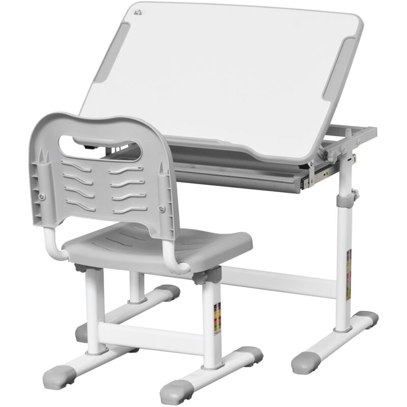 Homcom - Ensemble bureau chaise enfant réglable - plateau inclinable, tiroir coulissant - acier pp gris blanc