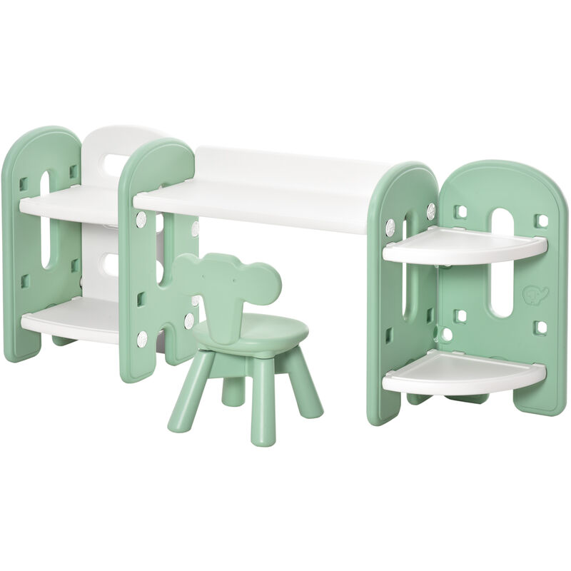HOMCOM Ensemble bureau, chaise et bibliothèque 4 étagères pour enfant - hauteur étagères réglable - HDPE vert d'eau blanc
