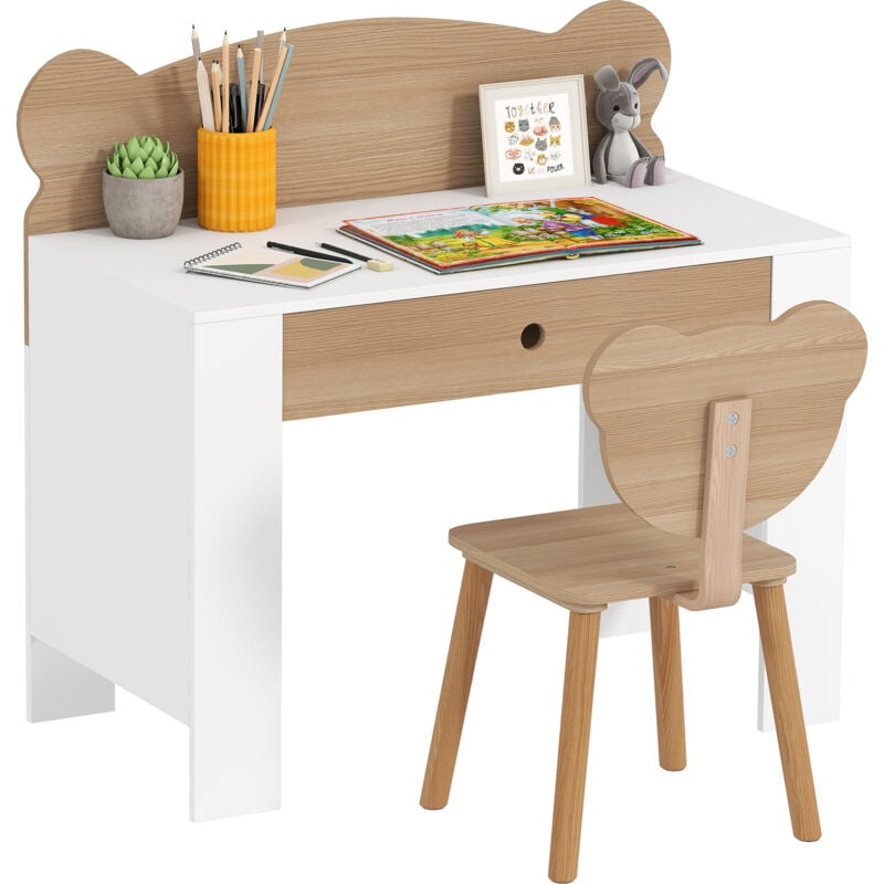 Ensemble bureau et chaise enfant design ourson - grand tiroir - blanc effet bois naturel