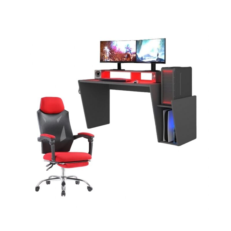 Ensemble bureau et chaise gamer gris et rouge