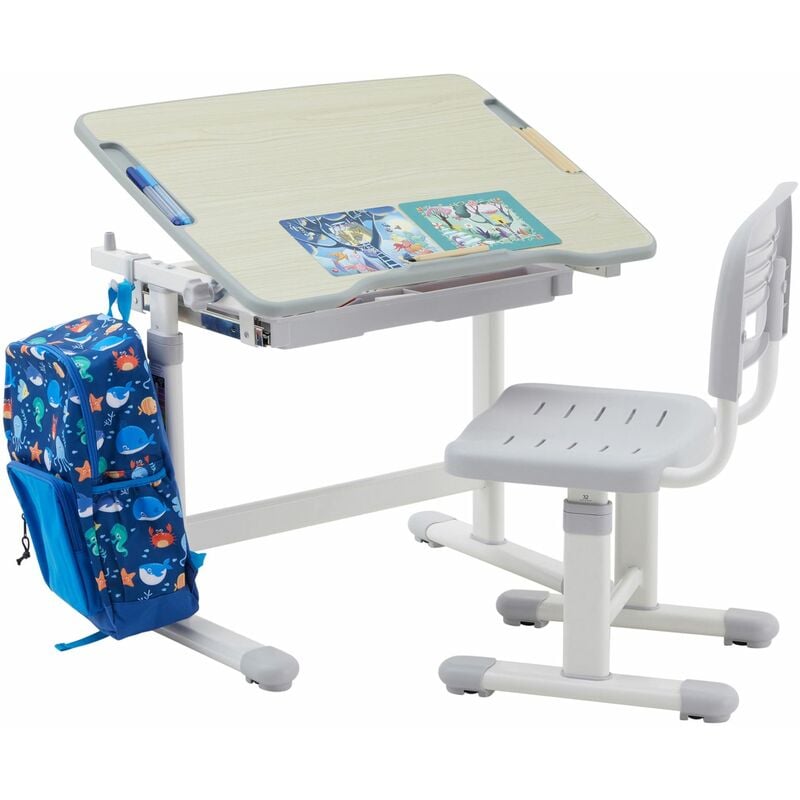 Ensemble bureau et chaise pour enfant tutto réglable en hauteur, pupitre inclinable chêne sonoma, métal blanc et plastique gris - Blanc, Chêne