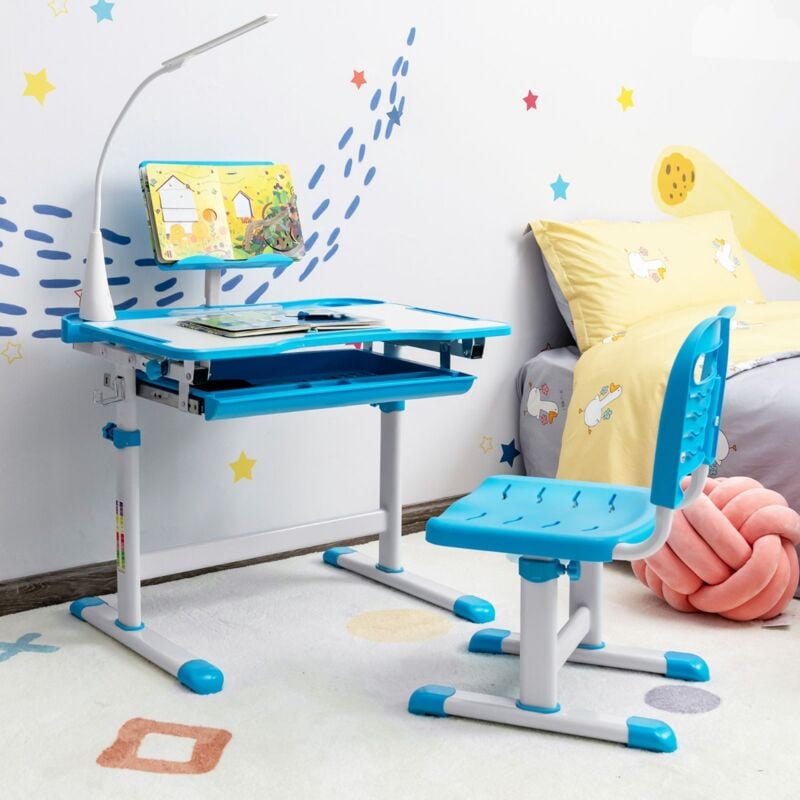 Ensemble Bureau et Chaise pour Enfants avec Éclairage led Plateau Incliné et Tiroir Coulissant Réglable en Hauteur Bleu design in