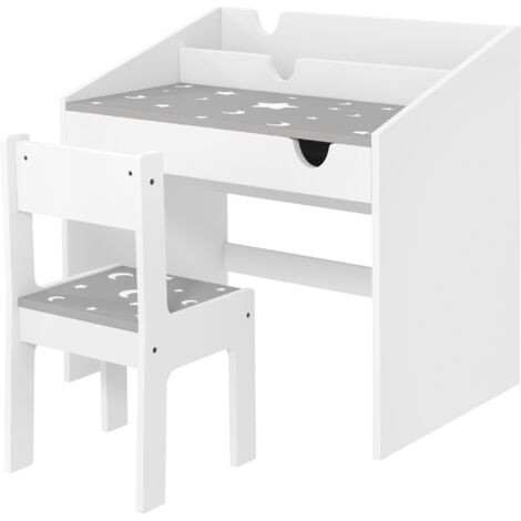 Ensemble Bureau et chaise pour enfants, avec rangement, tiroir coulissant, pour les 3-6 ans, motif étoilé - Gris