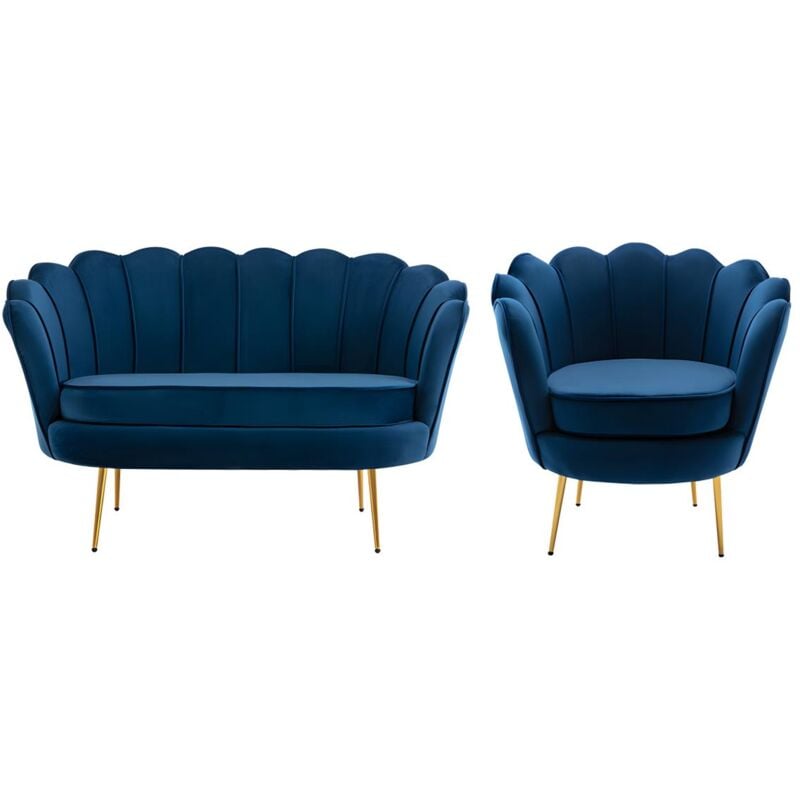 Pascal Morabito - Canapé 2 places et fauteuil coquillage en velours bleu nuit dandelion de