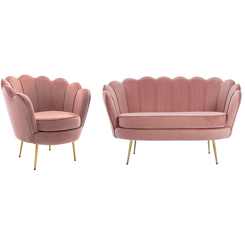 Pascal Morabito – Canapé droit 2 places en velours rose – Fauteuil coquillage assorti – Structure métal et contreplaqué – Confort optimal avec mousse