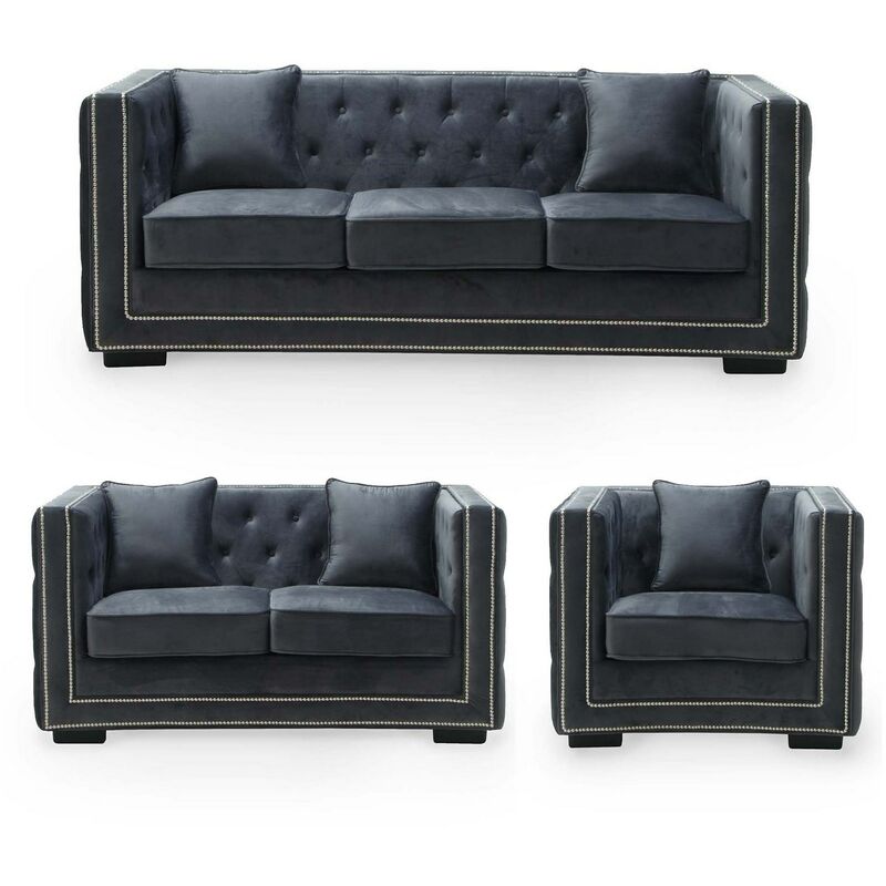 ensemble canape 3+2+1 places capitonne chesterfield design en velours gris cube