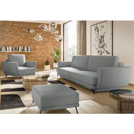 Ensemble canapé convertible tissu gris clair Zora - 1 canapé 3 places + 1 fauteuil + 1 pouf