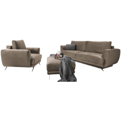 Ensemble canapé convertible velours beige Zora - 1 canapé 3 places + 1 fauteuil + 1 pouf