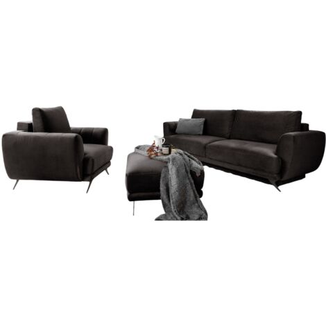 Ensemble canapé convertible velours marron Zora - 1 canapé 3 places + 1 fauteuil + 1 pouf