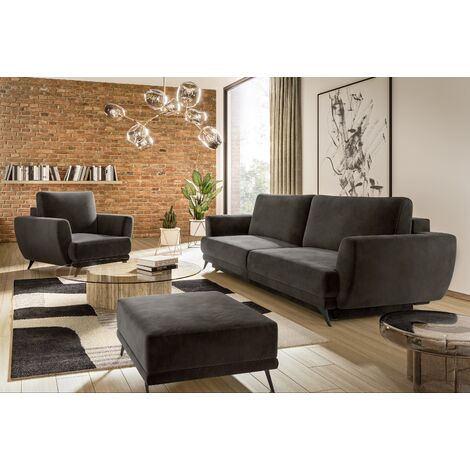Ensemble canapé convertible velours noir Zora - 1 canapé 3 places + 1 fauteuil + 1 pouf