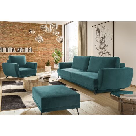 Ensemble canapé convertible velours vert Zora - 1 canapé 3 places + 1 fauteuil + 1 pouf