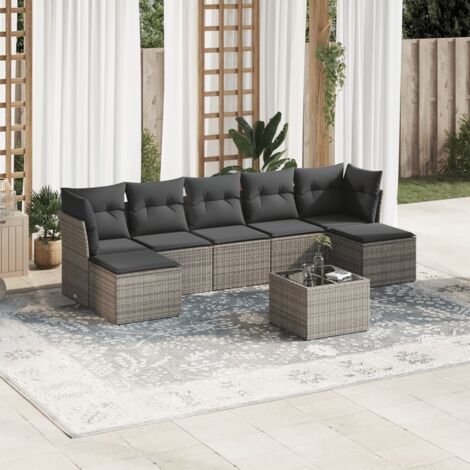 Ensemble Canapé de Jardin 8 Pièces Gris Résine Tressée avec Coussins, Table Verre Trempé, Modulable, Housse Amovible