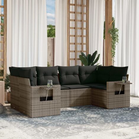 Ensemble canapé de jardin 9 pièces gris résine tressée avec coussins, tables d'appoint pliantes et verre trempé