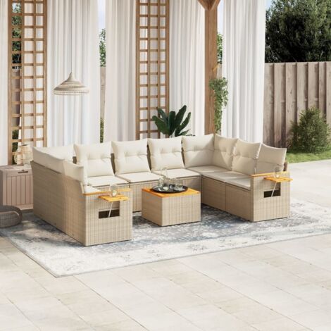 [Ensemble Canapé de Jardin Modulaire] Salon de Jardin en Résine Tressée avec 10 Places, Coussins Beige et Blanc Crème, Stockage Intégré - Dimensions Tables et Sièges Incluses
