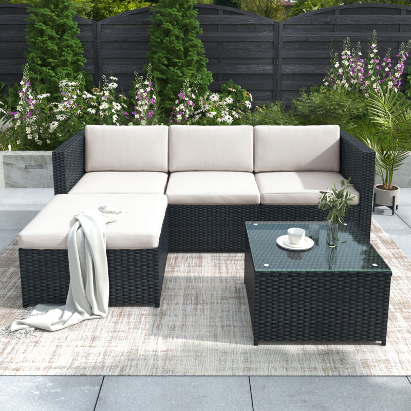 Ensemble de canapés d'extérieur, salon de jardin, canapé d'angle, canapé d'extérieur 4 places, canapé avec coussin d'assise et dossier, table de