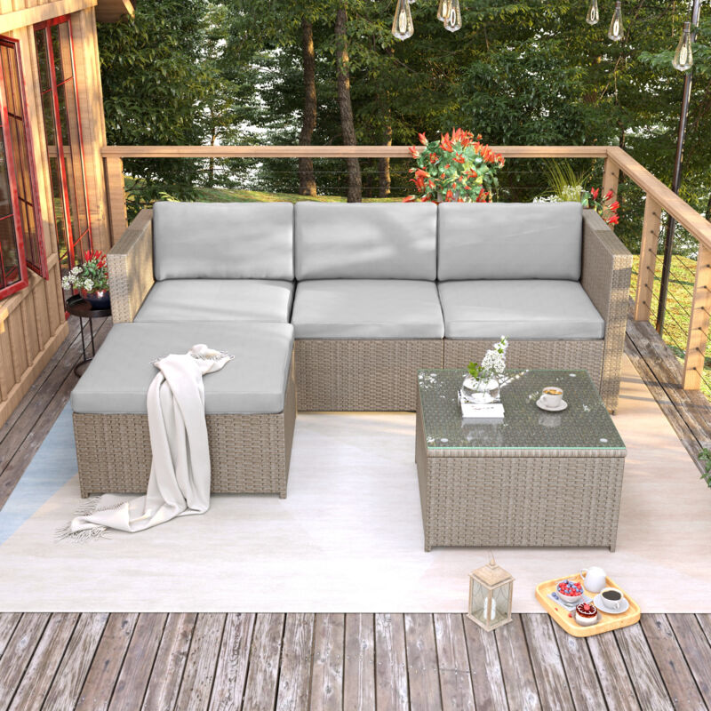 Ensemble de canapés d'extérieur, mobilier de jardin, canapé d'angle, canapé d'extérieur 4 places, canapé avec coussin d'assise et dossier, table de