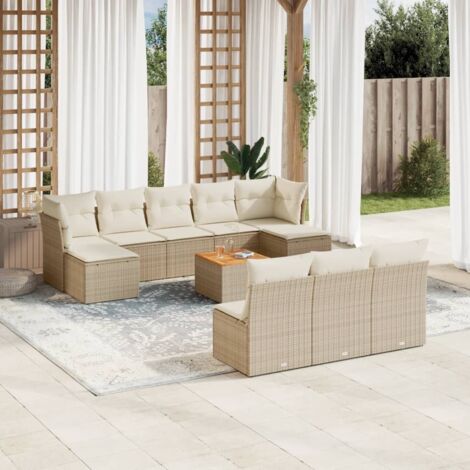 Ensemble Canapé Jardin 10 Places Résine Tressée Beige Table Acacia