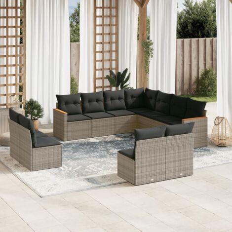 Ensemble Canapé Jardin 11 Pièces Résine Tressée Gris avec Coussins Dossier, Rangement Intégré, Modulable, Résistant aux UV - Meuble Extérieur Salon pour Terrasse, Balcon, Jardin