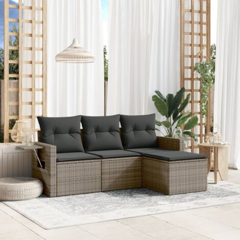 Ensemble Canapé Jardin 4 Places + Pouf en Résine Tressée Gris avec Coussins, Mobilier Extérieur Modulaire