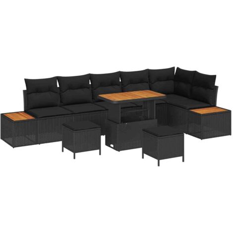 Ensemble Canapé Jardin 6 Places avec Table Modulable Noir en Polyrotin et Bois d'Acacia - Configuration Modulaire, Table Réglable, Résistant aux Intempéries, Montage Facile
