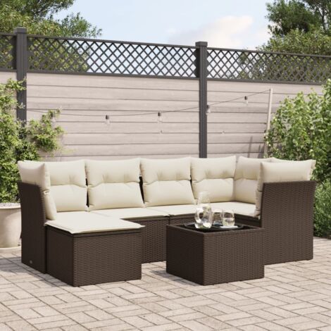 Ensemble Canapé Jardin 7 Pièces Résine Tressée Marron avec Coussins - Modules avec Stockage, Table en Verre et Housses Lavables